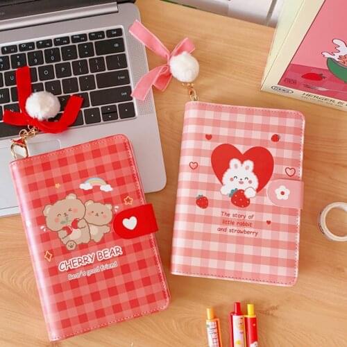 Exquisite Leather Binder Notebook Cute 6-ring Notepad Magnetic Closure Cartoon Binder Scrapbook with Hidden Card Pockets