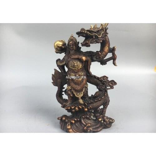 9'' Classica Red Bronze carved auspicious Beast Dragon and Guan Gong statue
