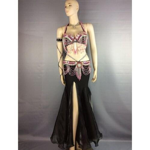 Free shipping high quality belly dance costume wear stage performance 5-piece suit Beaded bra belt belly dancing skirt dress set