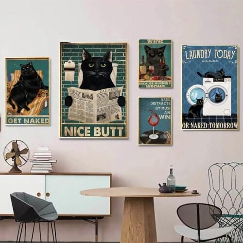 Mental Black Cat Your Butt Napkins Canvas Painting Wall Art Pictures Vintage Get Naked Retro Funny Bathroom Sign Home Decoration