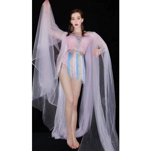 Fashion Mesh See Through Party Celebration Stage Performance Costumes Trailing Rhinestone Tassel Dancer Bodysuit Showgirl Outfit