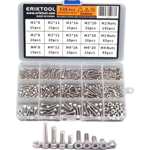 535Pcs M2 M3 M4 Hex Screw Set Hexagon Stainless Steel Socket Flat Round Cap Head Tool Screw Kit Bolts and Nuts Allen bolts Set