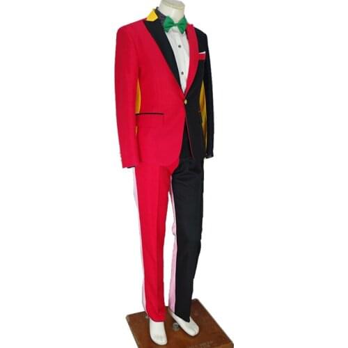 Irregular Red Black Stitching Mens Suits Fashion Male Singer Host Stage Outfit Nightclub Magician Clown Performance Costumes