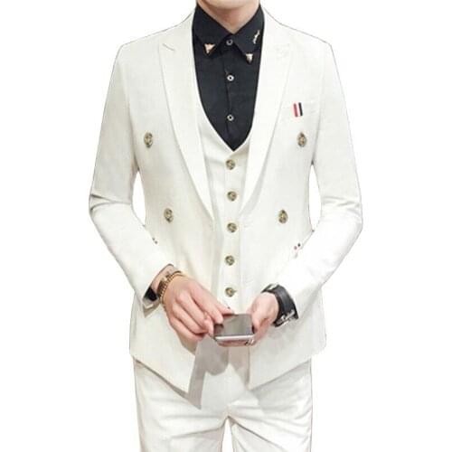 Blazers Jacket Pants Vest 3 Pieces Sets / Mens Double Breasted Business Dress Wedding Groom Suit Coat Trousers Waistcoat