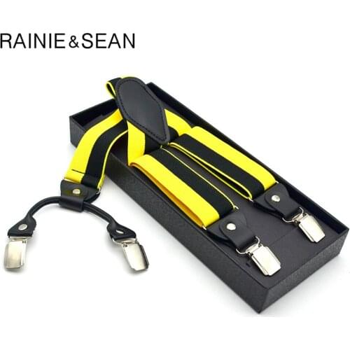 RAINIE SEAN Yellow Mens Suspenders Adult Elastic Striped Suspender Dress Mens Braces 4 Clips Fashion Trouser Strap 120cm