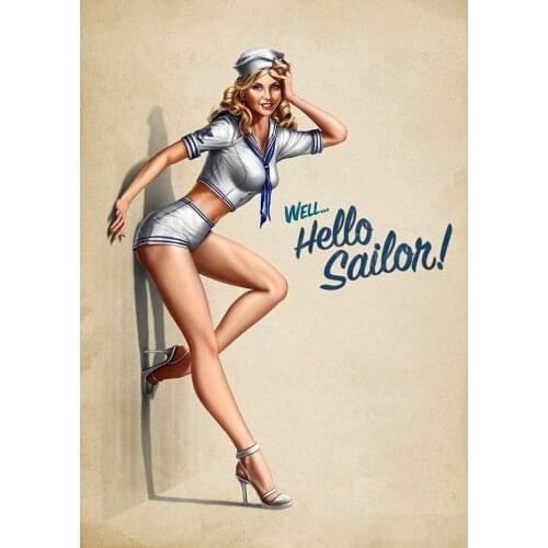 Vintage Hello Sailor Pin Up Girl Art print Silk poster Home Wall Decor