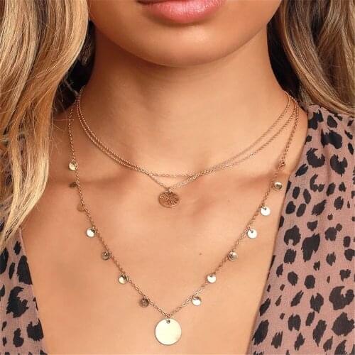 YC-UPGO 2021 Female Multilevel Collar New Fashion Vintage Gold Circular Sequins Pendant Necklaces For Women Thin Chain Jewelry