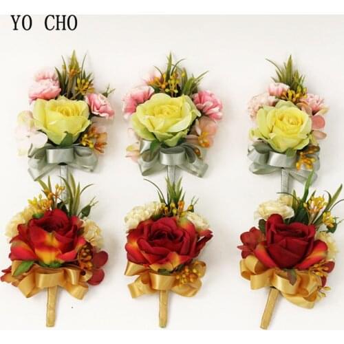 YO CHO Silk Boutonniere Flower Wedding Bridal Wrist Corsages Men Boutonniere Groom Brooch Pins Artificial Rose Flower Corsages