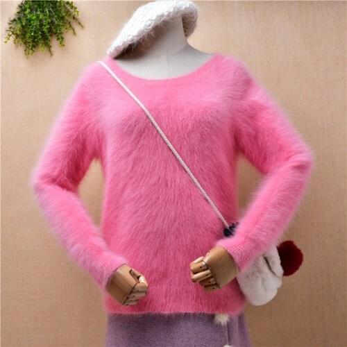 Ladies women fashion sweet pink hairy plush mink cashmere knitted long sleeves o-neck slim blouses pullover angora fur sweater