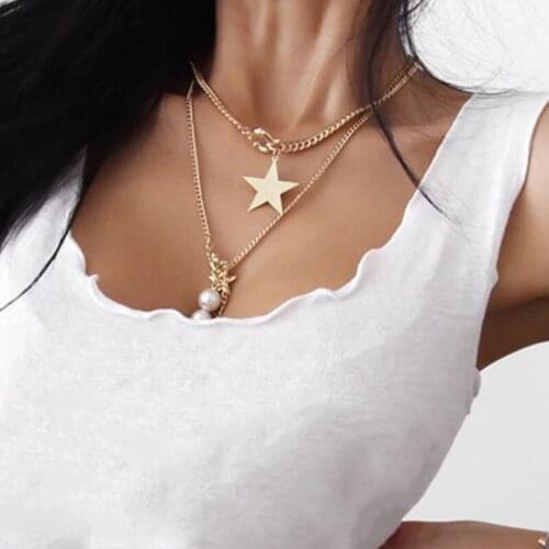 2 Pcs/Set Women Fashion Temperament Pearl Pendant Stars Tassel Multilayer Gold Necklace Girl Charm Jewelry