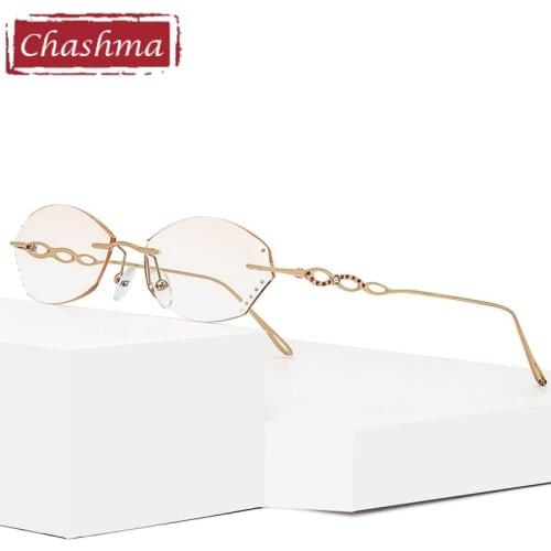 Chashma Rimless Gold Red Spectacles Titanium Fashion Eye Glasses Diamond Trimmed Frames Women Sunglasses Tint Lens