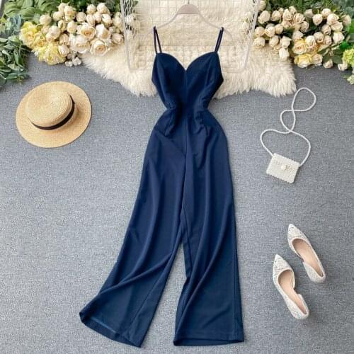 Summer V Neck Spaghetti Strap Sexy Jumpsuits Ladies High Waist Chiffon Wide-Leg Pants Playsuits Women Beach Holiday Rompers 1990
