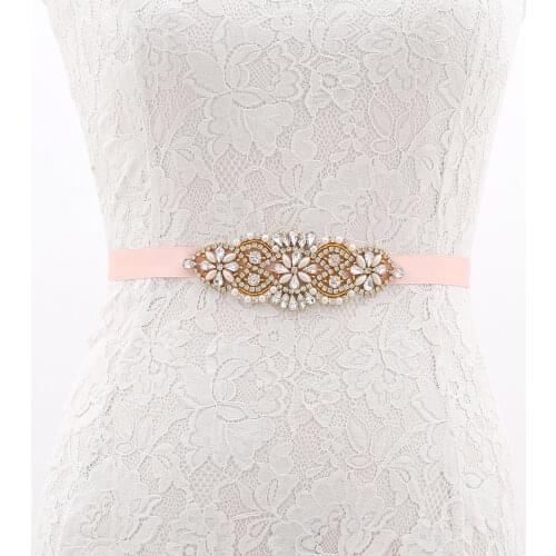 SESTHFAR Pearl Wedding Gold Belt Rhinestone Belts for Dresses Diamond Applique Trim Beading for Bridal Ceintures De Mariage