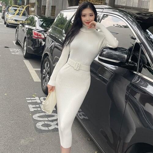 H Han Queen Sheath Bodycon Knitted Dress Bottoming Women Soft Elastic Turtleneck Sweater Autumn Winter Party Dresses With Belt