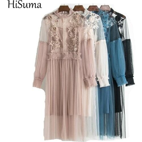 2020 spring autumn new female chic flower lantern sleeve gauze lace fairy pleated dress womens waist slim elegant mesh dress