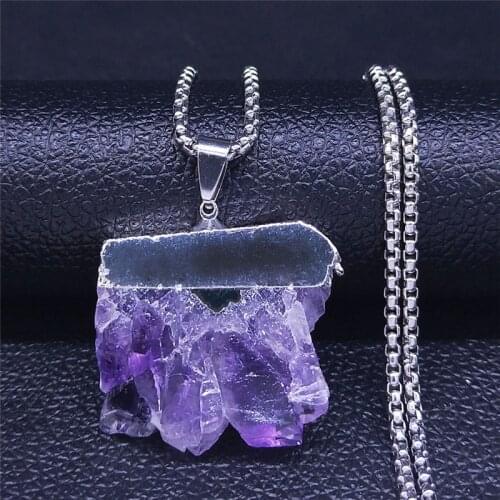 2021 Fashion Stainless Steel Purple Crystal Silver Color Geometry Pendant Necklace Women Jewelry collier femme N5036S04