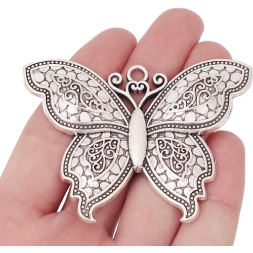 3 x Antique Silver Color Large Butterfly Charms Pendants for Necklace Jewelry Making Accessories 71x55mm