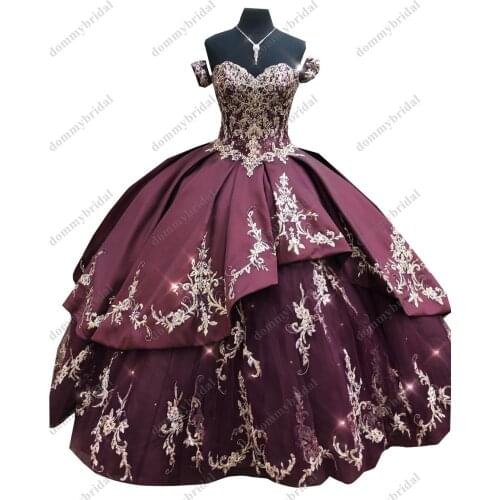 Amazing Gold Embroidery Detachable Sleeves Wine Red Ball Gown Quinceanera Prom Graduation Dress Satin Corset Vestido De 15 Anos