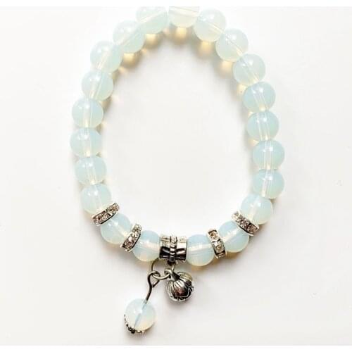 Bhuann White Opalite Crystal Stone Beads 8MM Round Strand Bracelet Tibetan Silver Lotus Charm Pendant Bracelet Handmade 1pc