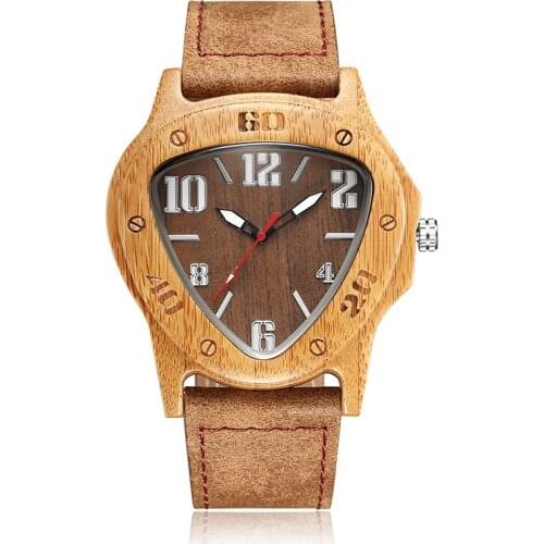 Fashion Men Wood Watch Unique Triangle Design Natural Bamboo Handmade Quartz Watch with Leather Strap Relogio bayan kol saati