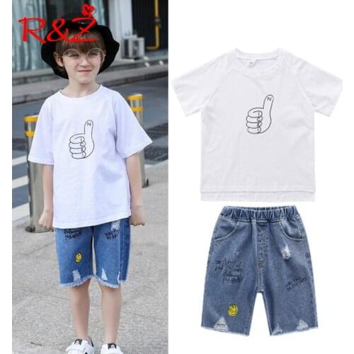 R&Z childrens suit 2019 summer new boy fashion sports suit big children printing round neck T-shirt denim five pants two sets