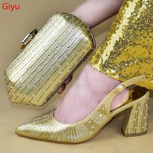 Doershow Italian Matching new gold Shoes and Bag Set African Wedding Shoe and Bag set Italy Shoe and Handbag Summer Set SSTY1-23