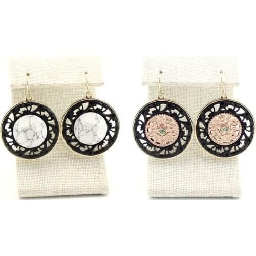 Two Tone Metal Cutout Arabesque Round Drop Earrings for Women Mandala Natural Stone Howlite Embellished Gunmetal Fashion Jewelry