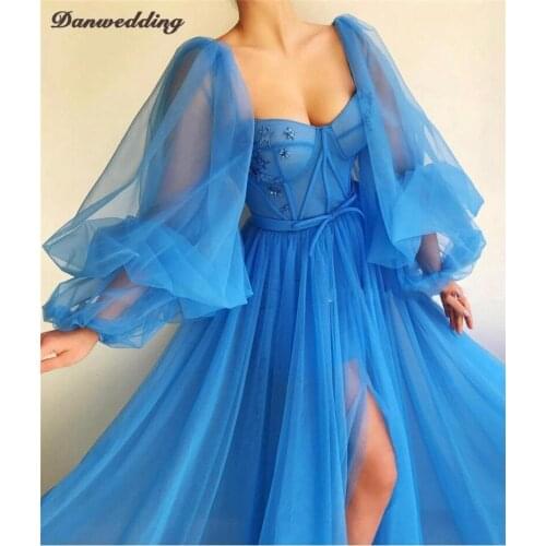 Elegant Sweetheart Evening Dresses Sexy Side Split Spaghetti Straps Puff Sleeve Prom Dress Girl Party Dresses Floor-Length