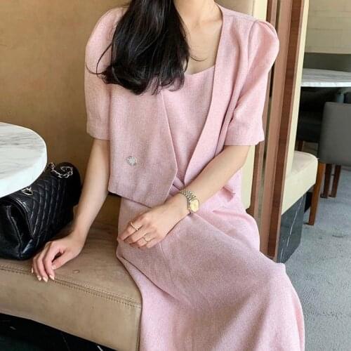 GUUZYUVIZ Elegant Two Piece Set Women Dresses Summer 2021 Short Sleeve V-neck Suit And Sling Long Dress Women Set