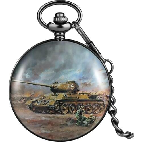Boy Pocket Watch World War II Tank Pattern Quartz Number Dial Smooth Cover Thick Chain Pendant Decorations Flip Case Watch Gifts