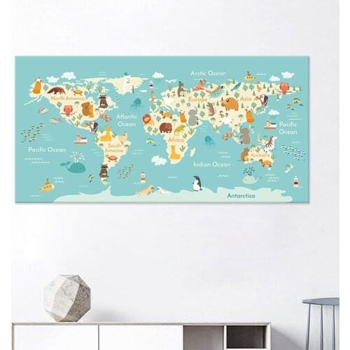 Cartoon Animal Habitat Map Canvas Painting Creative Art World Map Poster Childrens Room Kindergarten Decorative Pictures Mural