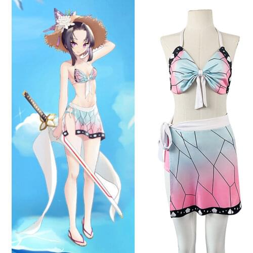 Cosplay Demon Slayer Kochou Shinobu Swimming Suit Swimsuit Three Piece V Neck Bathing Suit Swimwear Anime Cosplay Outfits
