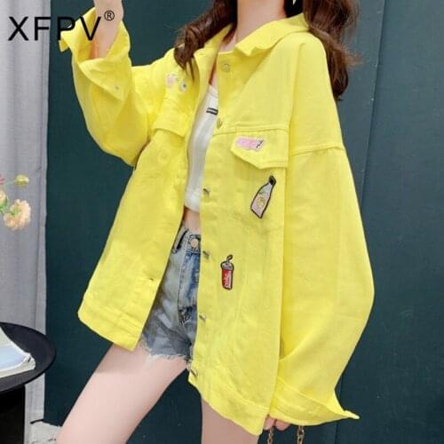 XFPV 2021 Autumn Winter New Fashion Womens Korean Label Denim Jacket Coat Casual Loose Long Sleeve Outer Wear Top SM3723