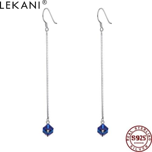LEKANI 925 Sterling Silver Drop Earrings Women Geometric Austria Crystal Long Tassel Earring Engagement Fine Jewelry On Sale