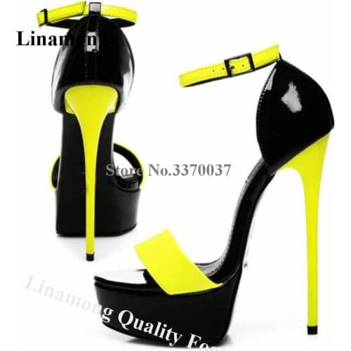 Linamong Sexy Open Toe Patchwork High Platform Stiletto Heel Sandals Yellow-black Patent Leather High Heel Sandals Club Heels
