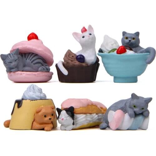 6pcs/lot New Lovely Zakka Gourmet Dessert Cat Model Action Figure Toys PVC Animal Cat Resin Craft Ornament for Kids Gift
