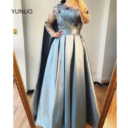 YUNUO Dubai Beading Prom Party Gowns A-Line Long Sleeves Formal Evening Wear Prom Dresses with Satin Cape vestido elegante
