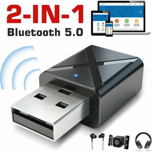 2-in-1 Bluetooth 5.0 Transmitter Receiver Usb Wireless Stereo Audio Adapter Pc Tv BT5.0 A2DP Blue LED Light up to 10m