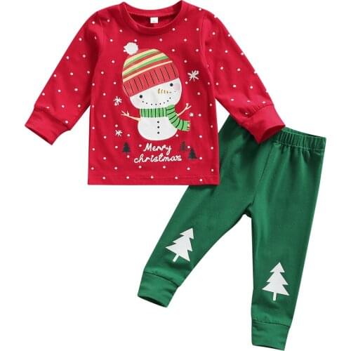 Toddler Baby XMAS Clothes 2Pcs Christmas Pajama Set Long Sleeve Cartoon Print Pullover Tops + Tree Pants Outfits