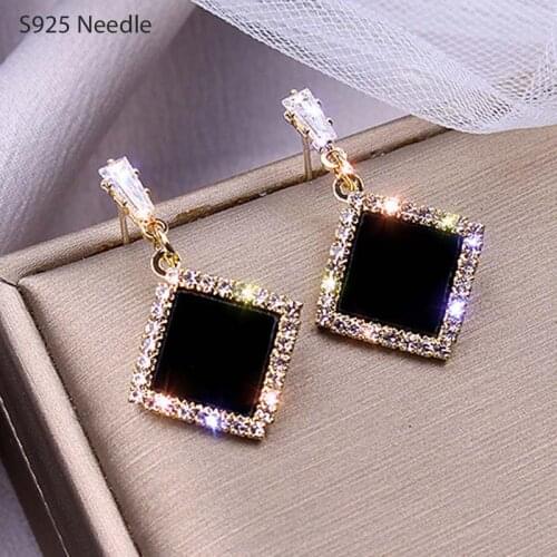 Real 925 Sterling Silver Needle Dangle Drop Earrings for Women Jewelry Rhombus Black Stone Cubic Zircon Elegant Female Earrings