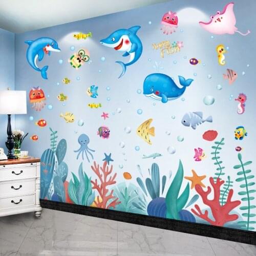 [SHIJUEHEZI] Cartoon Fish Wall Stickers DIY Seagrass Plants Mural Decals for Kids Rooms Baby Bedroom Nursery Home Decoration