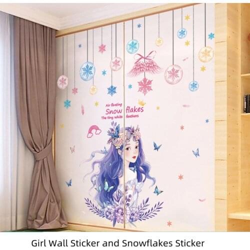 [shijuekongjian] Cartoon Girl Butterflies Wall Stickers DIY Snowflakes Mural Decals for Baby Room Kids Bedroom House Decoration