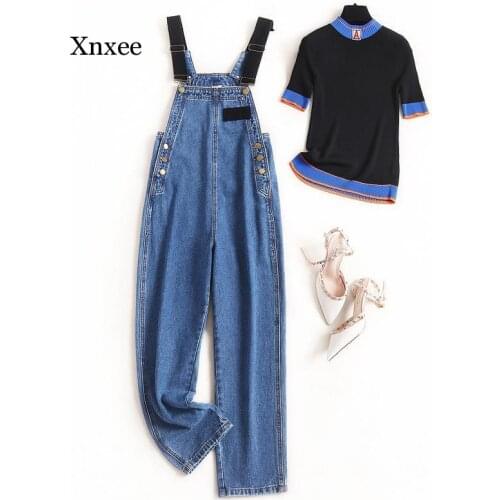 Ice Silk Knitted T-Shirt Denim Overalls Two Piece Suit 2021 New Womens Spring Summer Casual Temperament Rompers Pants Outfits