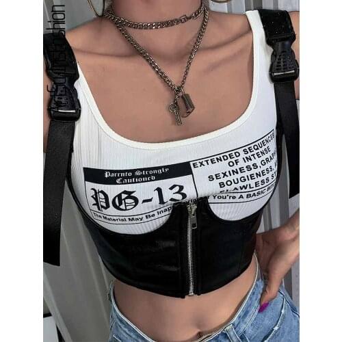 ArtSu White Black Basic Punk Print Crop Tops Womens Tank Tops 2021 Summer Casual Leather Camisole Mujer Stretch Tees ASVE20787