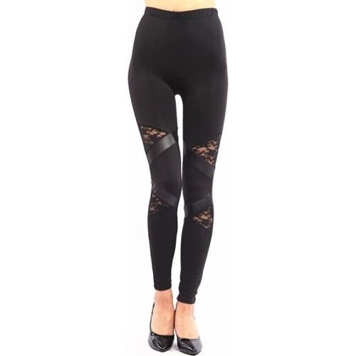 INDJXND Spring Autumn Leggings Stretch Leather Lace Splicing Workout Skinny Black Knitted Mesh Punk Rock Elastic Femme Pants