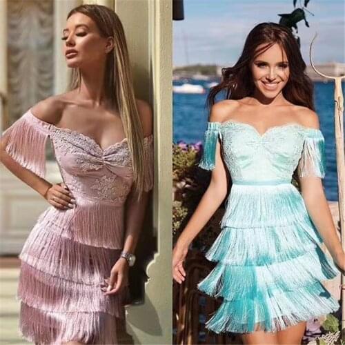 Top Quality Women Dress Off The Shoulder Tassel Blue Pink Sexy Dress Celebrity Night Party Dress Club