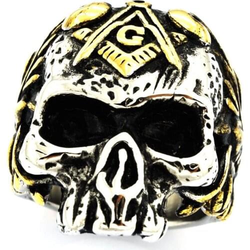 FANSSTEEL Stainless Steel FreeMasonry Jewelry Antique Skull Master Mason Compass bow Masonic Ring FSR20W58G