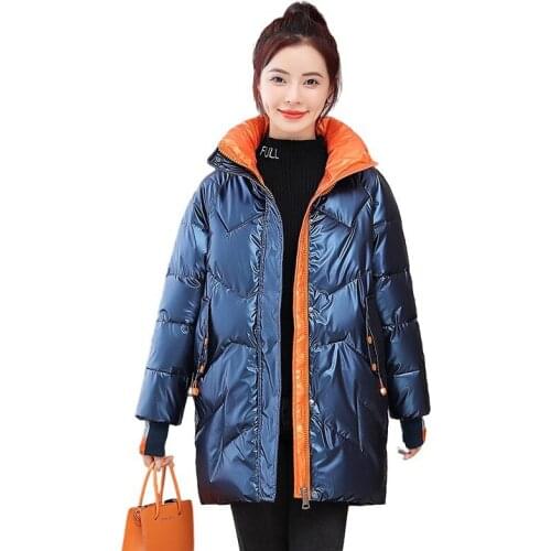 Women Winter Long Stand Collar Letters Glossy Windproof Waterproof Bubble Coat Puffer Jacket Cotton Padded Parkas Warm Outwear