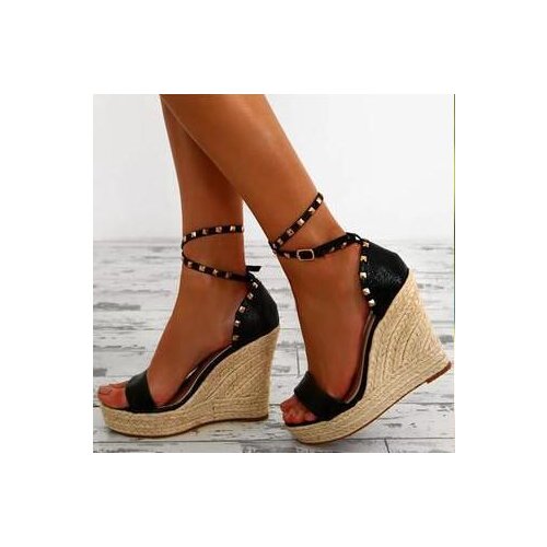 Dipsloot New Woman Fashion Black Gold Pink Rivets Wedge Platform Sandals Cover Heel Comfortable High Heel Casual Sandals Shoes