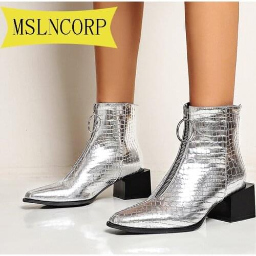Plus Size 34-48 Fashion Women Boots Casual Leather Low High Heels Spring Shoes Woman Pointed Toe Rubber Ankle Boots Black Silver